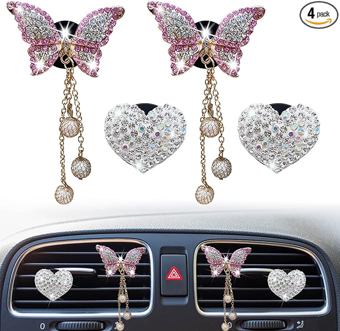 Bling Butterfly Heart Air Vent Clips, 4 Pcs Pink Car Air Fresheners, Diffuser With Diamond Decoration, Cute Interior Decor Accessories for Women