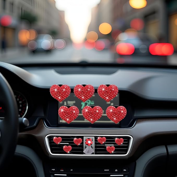 6Pcs Bling Heart Air Vent Clips Red Heart Car Air Fresheners Vents Clips Car Diffuser Diamond Car Interior Decor Charm Decoration Cute Accessories for Women Automotive