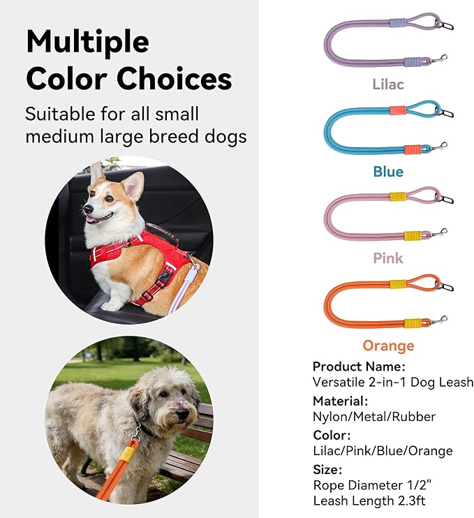 2-in-1 Dog Car Seatbelt Leash & Walking Lead - Heavy Duty 70CM Nylon Rope Leash with Secure Vehicle Buckle for Small Medium Large Dogs, for Travel, Walking, Training