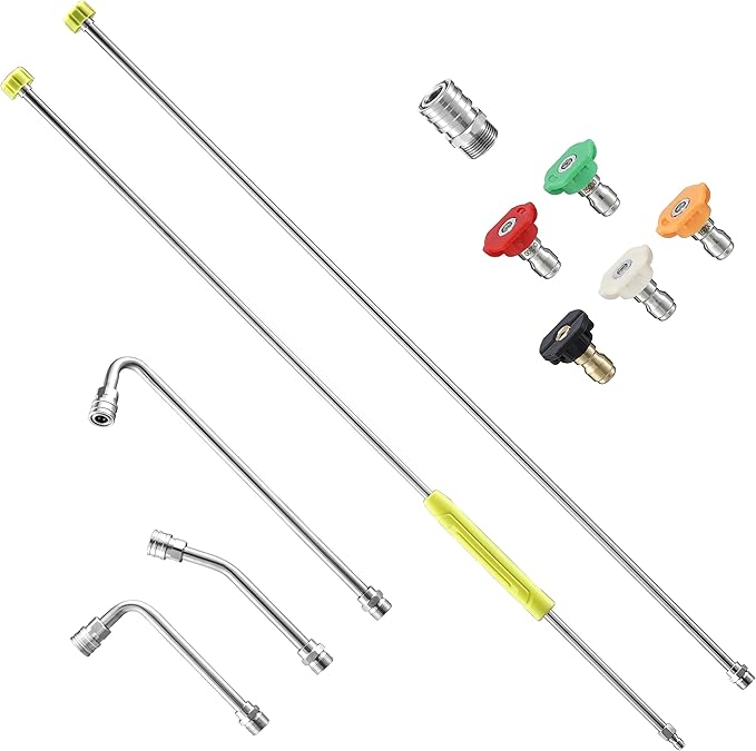 Pressure Washer Extension Wand, 120” pressure washer lance Replacement, Stainless Steel Power Washer Wand with 1/4” QC, Gutter Cleaner Attachment with 30°/90°/120° Curved Rods, 5 Nozzle Tips