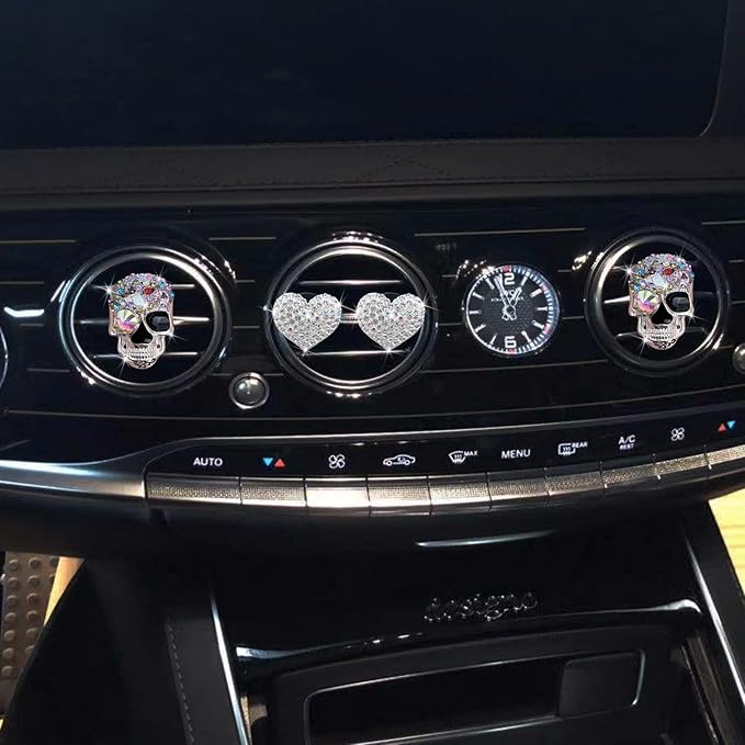 4 Pcs Crystal Skull Car Air Fresheners Vent Clips, Rhinestone Diamond Car Decoration, Silver