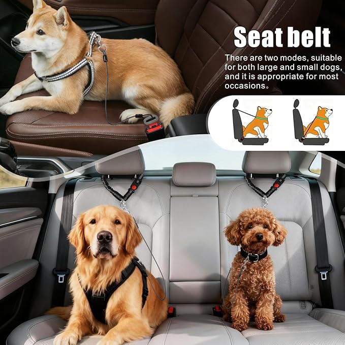 Idepet Dog Seat Belt for Car, 2 Pcs Stainless Steel Chew Proof Dog Seatbelt 3 in 1 Harness for Safety Heavy Duty Pet Seat Belt for Medium & Large Dogs (Black+Black)