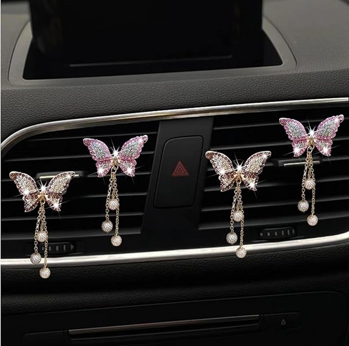 4Pcs Bling Butterfly Car Aromatherapy Air Vent Clips,Diamond Pearl Pendant Butterfly Air Fresheners Vent Clips Cars Decoration Cars Interior Decor Bling Car Accessories for Women, Interior Accessories