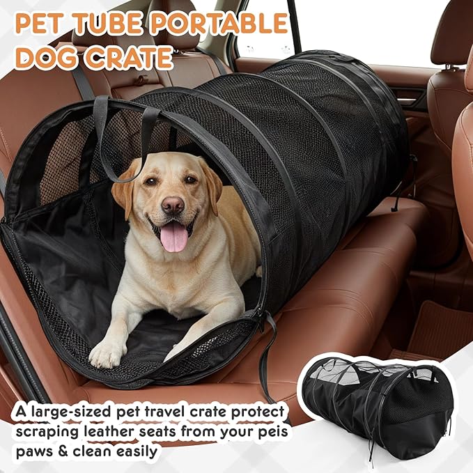 Abbylike Dog Crate for Car, Pet Travel Tube Car Crate Large Kennel, Pet Containment Barrier Mesh Tube with Seat Belt Storage Bag, 47" x 24" Soft Cage for Large Medium Dogs Long Travel Trips
