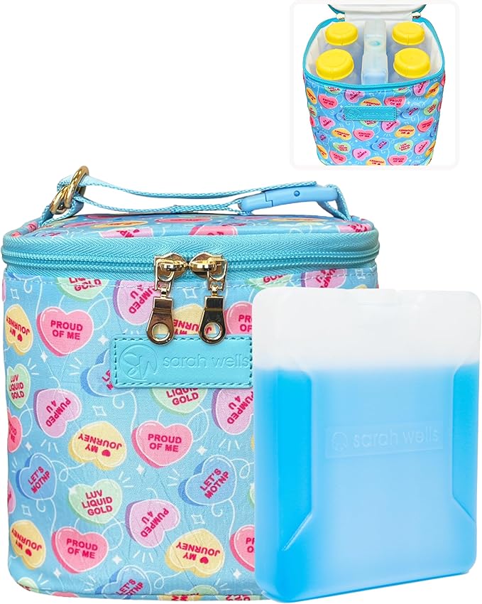 Sarah Wells Cold Gold Breastmilk Cooler Bag with Safety Tested Ice Pack – Insulated Milk Storage for Work, Travel & Daycare - Fits Bottles & Parts - Machine Washable (Candy Conversation Hearts)