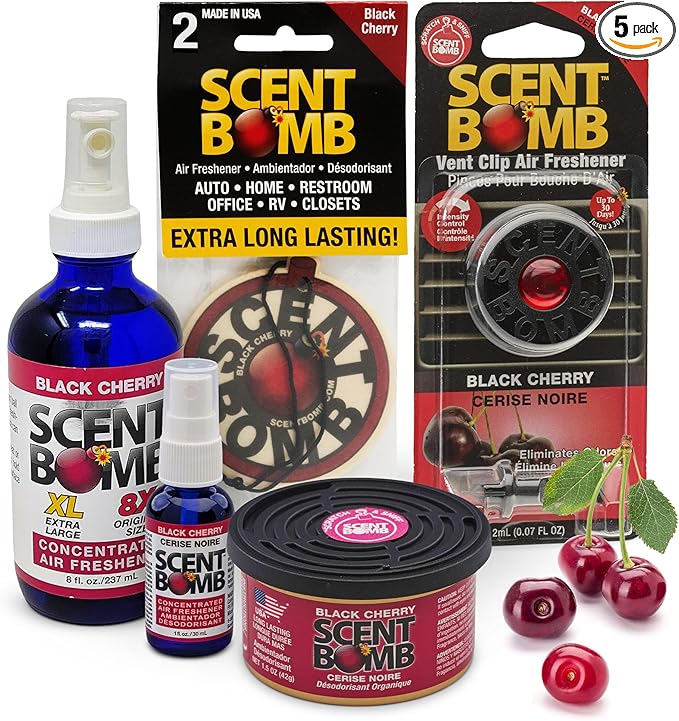 Scent Bomb Air Freshener Bundle - 1 oz & 8 oz Bottle Sprays, Vent Clip, Organic Cans, Hanging Circle - Continuous Freshness & Long-Lasting Odor Eliminator for Car, Home, Bathroom - Black Cherry