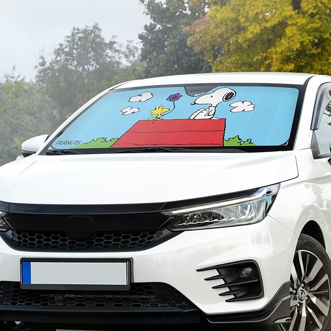 Peanuts Snoopy & Woodstock Auto Sunshade with Little Tree Air Freshener – Universal Fit Windshield Protector for Cars, Trucks & SUVs – Keeps Vehicle Cool & Fresh