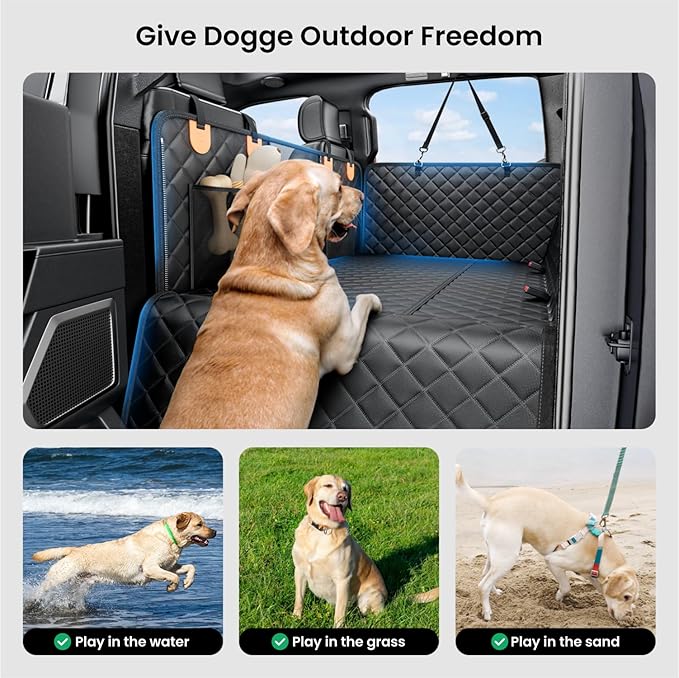 REEVAA Dog Truck Seat Cover for Back Seat, Hard Bottom Dog Hammock for Car, Pet Bed Extender for 2-4 Large Dogs, Waterproof Seat Protector, Universal XL Size Fits for Crew Cab Truck/SUV, Black+Orange