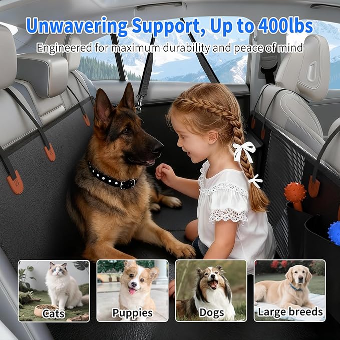 Back Seat Extender,Dog Car Seat Cover with Hard Bottom,Waterproof Dog Hammock for Car Pet Backseat Protector,Anti Scratch, Easy to Clean Holds 400lbs (Hammock with Bed Mat)