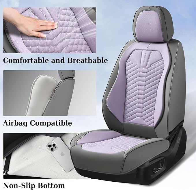 Coverado Seat Covers Full Set, Waterproof Nappa Leather Seat Covers for Cars, 5 Seats Universal Car Seat Protectors, Gray and Purple Car Seat Covers Car Seat Cushions Fit for Most Cars (Gray&Purple)