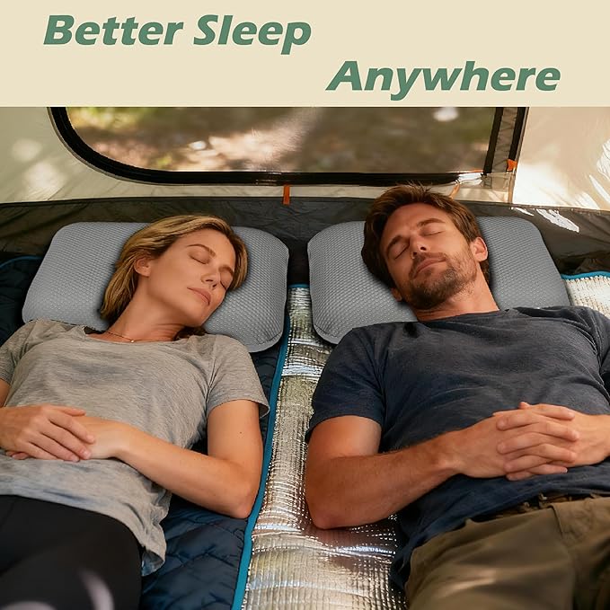 Cooling Camping Pillow, Memory Foam Travel Pillow with Adjustable Buckle Strap & Storage Bag, Compact Small Pillow for Airplane, Car Lumbar, Office, Washable Cooling Cover, Quarry Grey