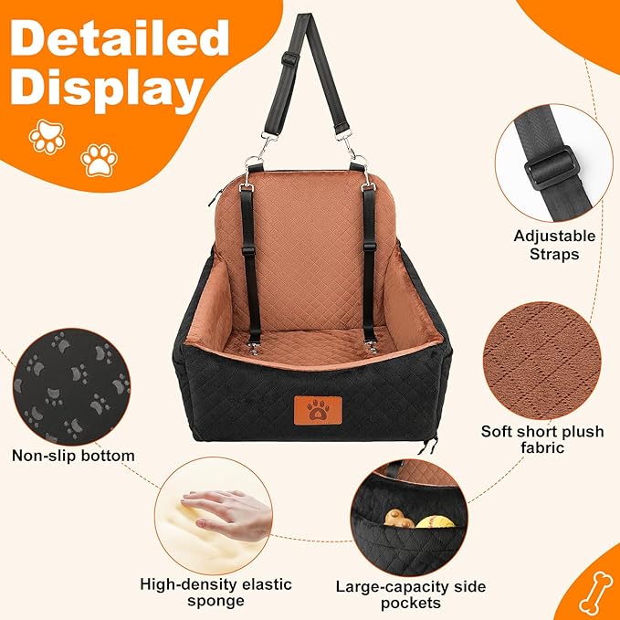 Small Dog Car Seat for Small Dogs Under 30 lbs, Memory Foam Pet Car Seat with Washable Cover, Safety Belts & Side Storage Pockets, Portable Travel Bed for SUV/Sedan (Black/Brown)