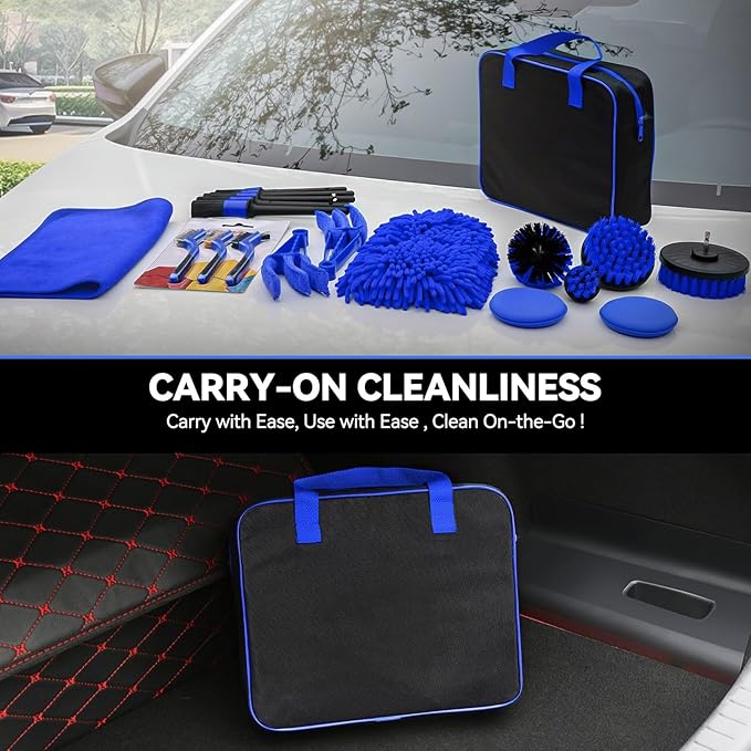 Auto Dynasty Car Detailing Kit, 19PCS Car Detailing Brush Set for Interior Exterior Wheels, Professional Car Care Cleaning Wash Kit with Duster for Air Vent, Car Accessories (Blue)