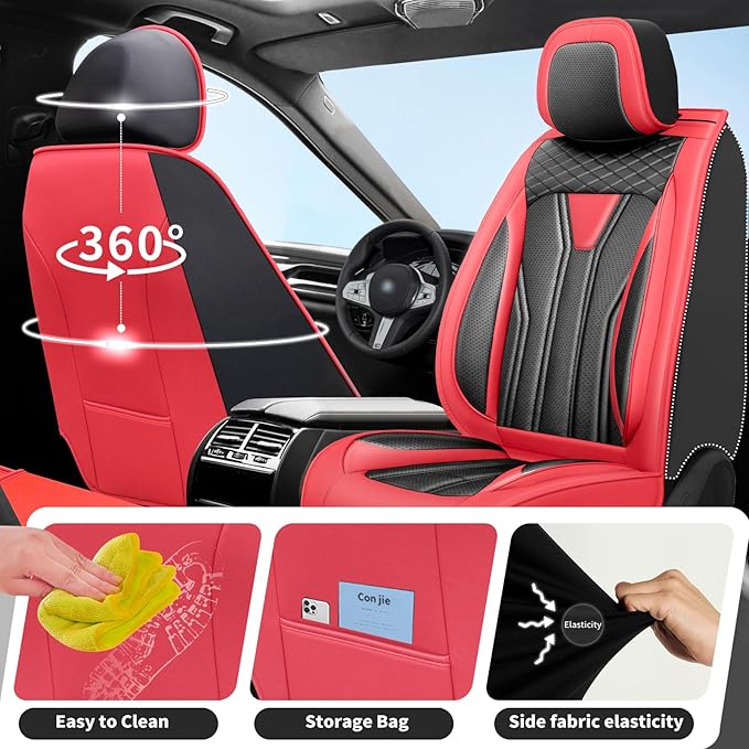 Fit Kona Car Seat Covers for Select Hyundai Kona 2018-2025 2026. Premium Leather, Waterproof， Breathable, Scratch-Resistant & All-Weather Seat Cushion Protector (Full Set, Red&Black)