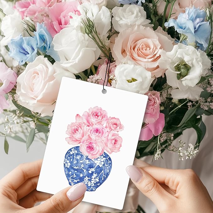 Mancheng-zi Blue and White Chinoiserie Pink Peony Flower Car Air Freshener 3Pcs, Colorful Flower Air Freshener Hanging for Cars Closet Drawer or Books, Girly Car Accessories Mirror Decor for Women