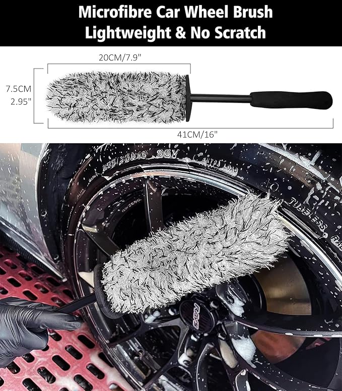 YeewayVeh 4Pack Car Wheel Cleaning Kit, Bendable Wheel Brush and Microfiber Rim Cleaner Brush, Tire Brush and Car Detailing Brush, Soft & No-Scratch Car Wheel Rim Brush Set for All Wheel Types, Red