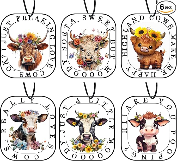 Highland Cow Car Air Fresheners, Cute Cow Print Stuff Hanging Car Accessories Merch Stuffed Animals Decor Gifts 6 Pack for Women Men Home Decorations Party
