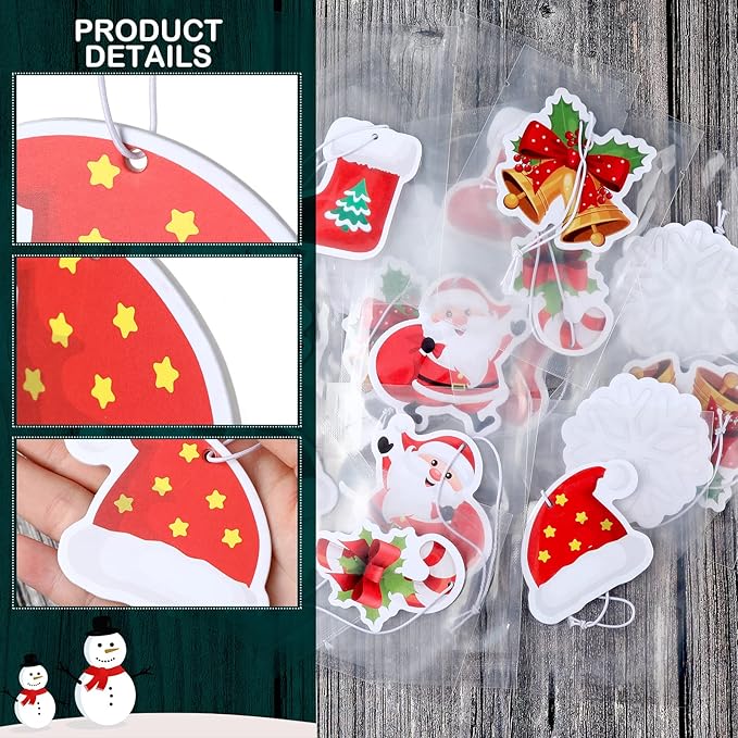 Tallew 24 Pcs Christmas Air Fresheners Bulk Snowflake Candy Cane Snowman Deer Christmas Scented Ornaments Xmas Scented Hanging Ornament for Car Rearview Mirror Accessories