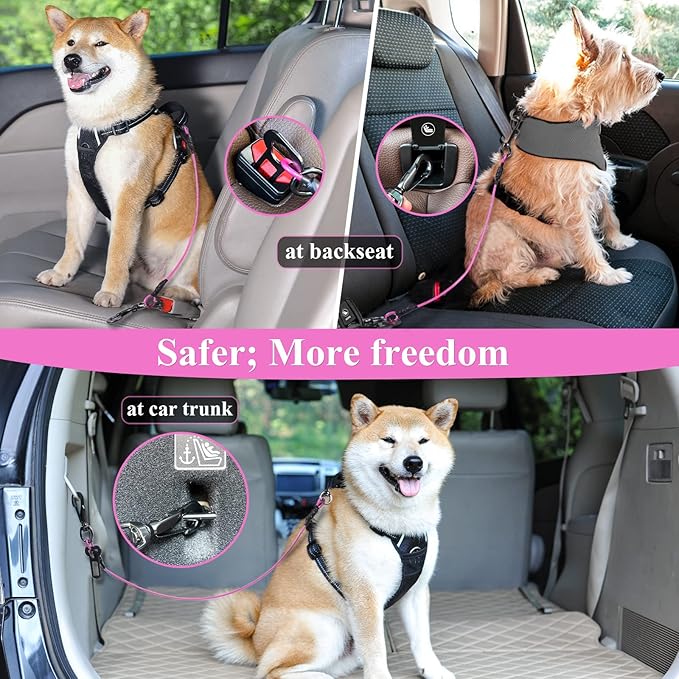 VIVAGLORY Dog Seat Belt Tuffbelt Dog Car Harness, Seatbelt with Clip & Hook for Car Travel, Chew Proof Anti Chew Unchewable Metal Safety Tether Restraint, M, Pink