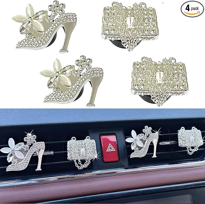Crystal Heart Car Air Vent Clips - Sparkly Rhinestone Bling Diamond Auto Freshener Holder 4 Pack with Fragrance, Replaceable Car Diffuser for SUV & Sedan (silver High Heel Chain Bag, Ocean)