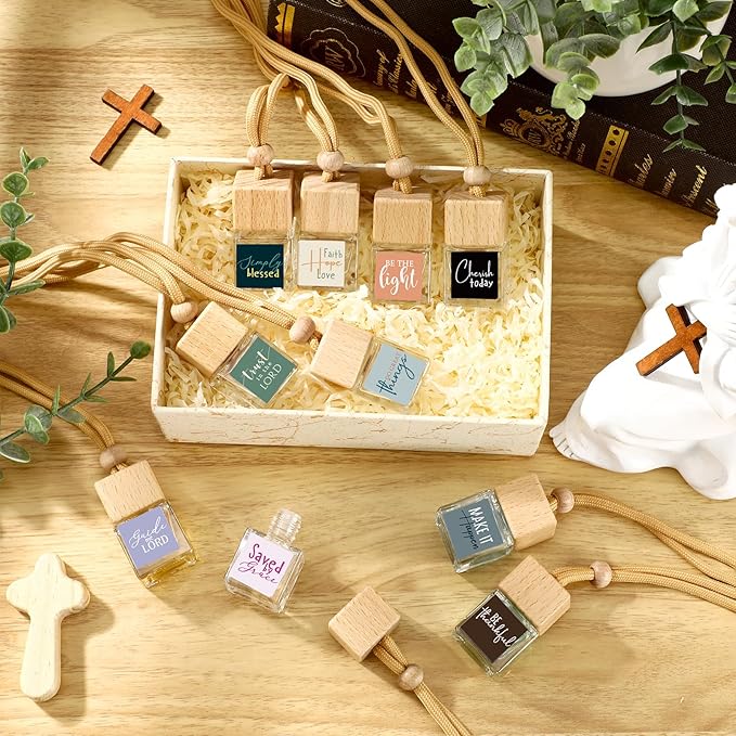 10 Pcs Christian Appreciation Gifts for Church Christian Car Hanging Ornament Empty Glass Essential Oil Diffuser Religious Inspirational Biblical Gifts for Women School Church Supplies
