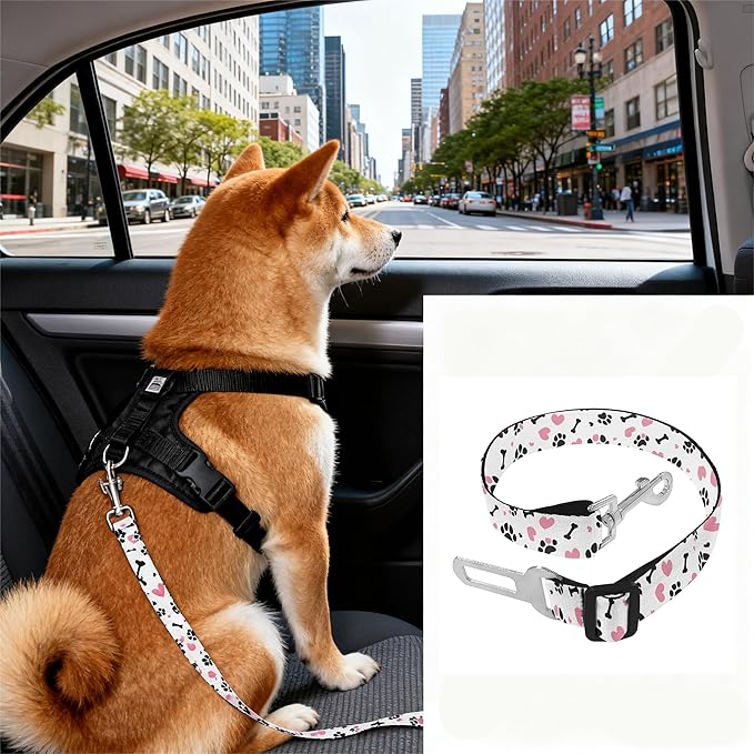 Cute Design 2-Pack Set Adjustable Pet Cat Dog Car Seat Belt, Adjustable Buckle Pet Car Harness Fabric Lanyard from 22 to 38 Inches Seatbelt Leash (Daliy Dog-Two Piece in one Set)