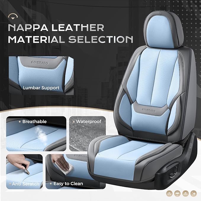 Coverado Seat Covers, Car Seat Covers Full Set, Leather Seat Covers for Cars, Car Seat Protector, Gray Car Seat Covers Front Seats and Back Seats Universal Fit for Most Cars Lightblue