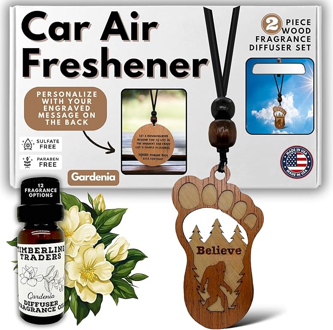 Personalized Car Air Freshener, Wood Diffuser and Fragrance Oil Set, Custom Message, Rearview Mirror Charm, Bigfoot Believe, Sasquatch, Auto Accessory for Men or Women (Gardenia)
