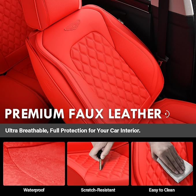 Coverado Front Seat Covers, Waterproof Nappa Leather Stain-Resistant Protectors, Universal Fit for Sedans, SUVs, Trucks, Automotive Car Seat Covers, Waterproof Seat Cushions – Red