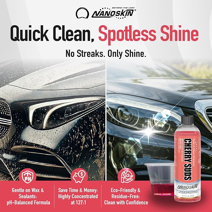 Nanoskin CHERRY SUDS Foaming Car Wash Shampoo 16 Oz. - Works with Foam Cannon, Foam Gun, Bucket Washes, Car Soap for Pressure Washer | Safe for Cars Trucks, Motorcycles, RVs & More | Cherry Scented