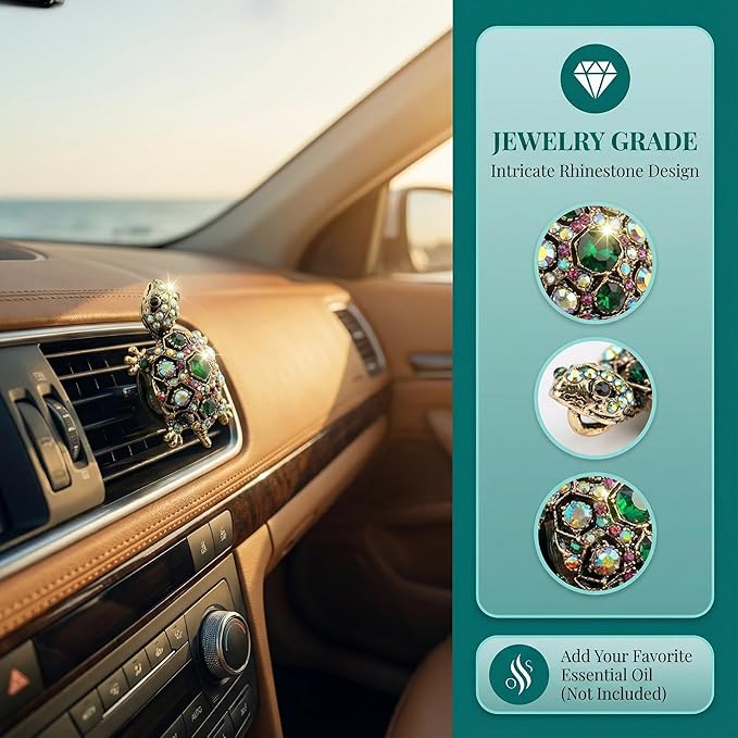 2pcs Car Vent Clips Cute Sea Turtle Green Beachy Accessories Beach Decor Air Decorations for Women Dashboard Rhinestone Sparkling