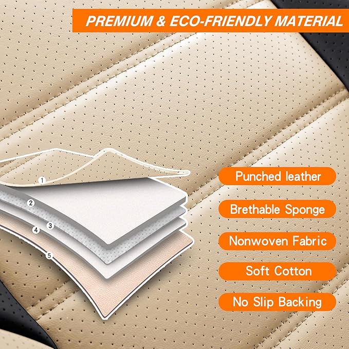 Car Seat Covers Full Set, Brown Car Seat Cover Lumbar Support, Car Seat Protector Waterproof, Nappa Leather Car Seat Cushion, Front Seats and Back Fit for Most Cars Beige