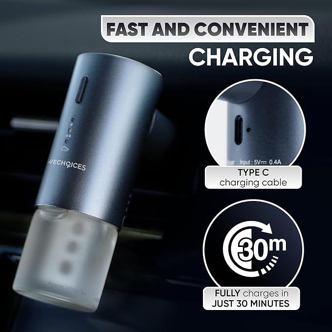 Intelligent Aromatherapy Smart Car Air Freshener & Diffuser with 3 Fragance Oils, USB-C Rechargeable, Silent, Refillable, Auto On/Off for Home, Office