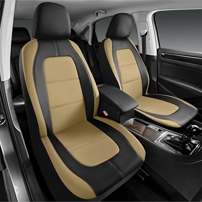 Road Comforts Car Seat Cover, Leather Car Seat Covers, Front Low Back Sport Seat Covers, Airbag Compatible, Universal Fits for Most Cars (Beige)