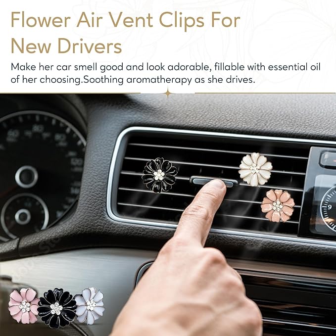 Cute Car Air Fresheners Vent Diffuser, 3-Pc Flower Air Vent Clips for Essential Oils, New Car Gifts for Teens and Women, Commuter Gifts, Gift Boxed