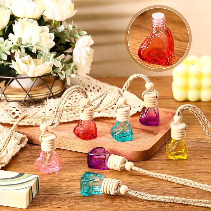 20 Pcs 6ml Hanging Car Diffuser Bottle Empty Glass Perfume Air Freshener Heart Love Bottle Diffuser Pendant Valentine's Day Essential Oil Fragrance Aromatherapy Ornament (Multicolor)