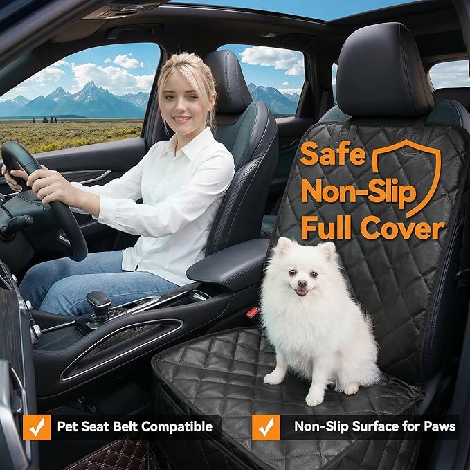 Heavy Duty Car Seat Cover for Dogs,Waterproof PU Leather Car Front Seat Cover, Anti Slip Captain Seat Protector for Dogs & Humans,Fit for Most Vehicles, Pickups,Trucks, SUVs(Black)