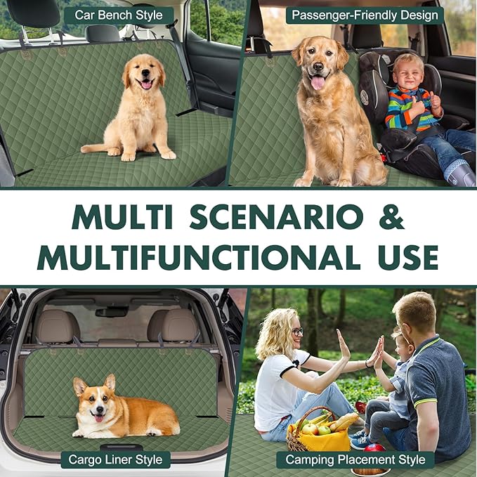 Backseat Cover for Dogs, Waterproof and Non-Slip Pet Bench Seat Covers, Car Seat Protector for Back Seat, Universal Size Rear Car Seat Cover Fits Cars, Trucks and SUVs, L-Army Green&Grey