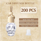 BBTO 200 Pcs Hanging Car Diffuser Bottles Bulk, Empty Clear Glass Air Freshener Bottles with Wooden Cap for Perfume Essential Oils Fragrance Aromatherapy Ornament(Skull)