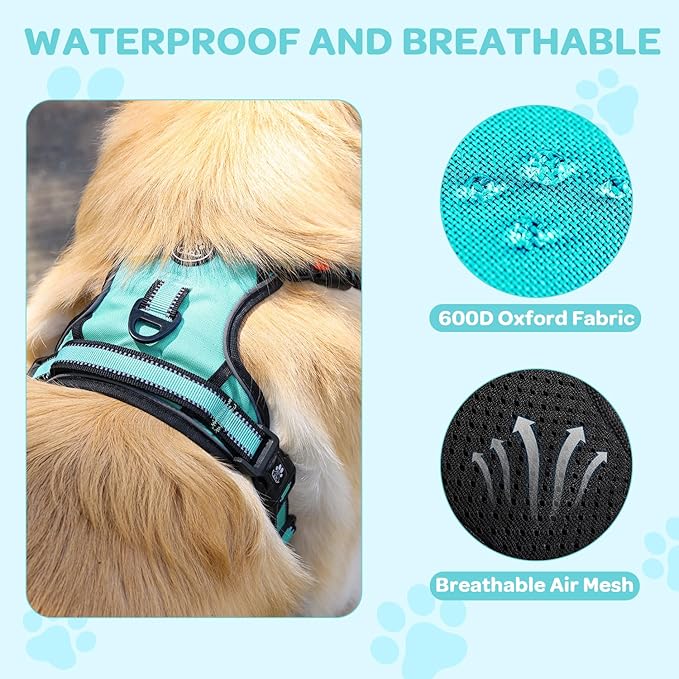 FURRYFECTION Plaid Dog Harness for Medium Dogs, Reflective No Pull Adjustable Pet Vest with Front Clip, Leash, Easy Control Handle and Seat Belt, Turquoise, M
