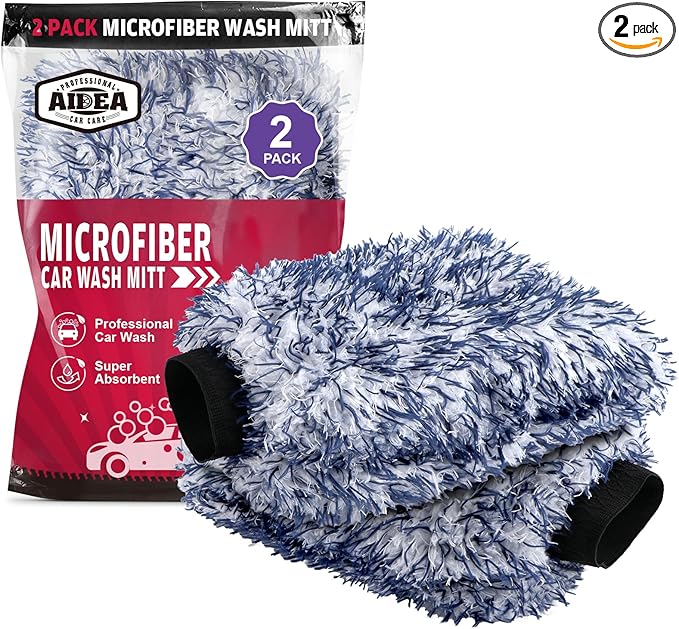 AIDEA Car Wash Mitt Microfiber, 2PK Scratch Free Lint-Free, Wheel Cleaner Mitts, Extra Plush Premium Microfiber Mitt Car Wash Brush, Regular Size 7.12''X10.14''