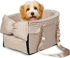 Dog Car Seat for Small Dogs,Center Console Seat for Puppy,Anti-Collapse Pet Car Seat with Soft Cushion Safety Belt, Portable Car Armrest Seat for Dog & Cat Under 15 lbs (Grid-Brown)
