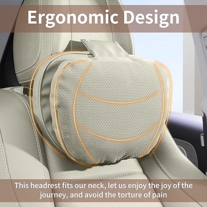 Car Headrest Pillow for Driving, Dual-Sided Leather Design Neck Pillow, Breathable Softness Neck Support, Universal Fit Head Rest Travel Pillow, Off White (Beige), 1 Pack
