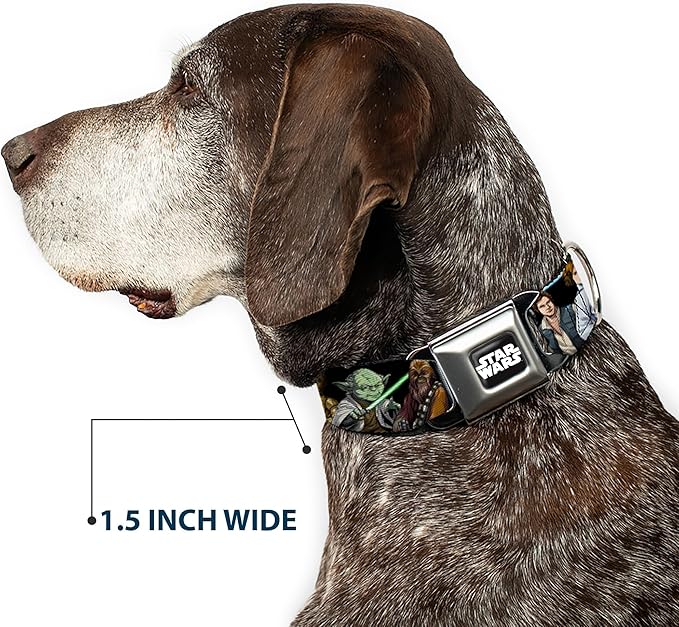 Star Wars Pet Collar, Dog Collar Metal Seatbelt Buckle, Star Wars Classic Character Poses Black, 16 to 23 Inches 1.5 Inch Wide