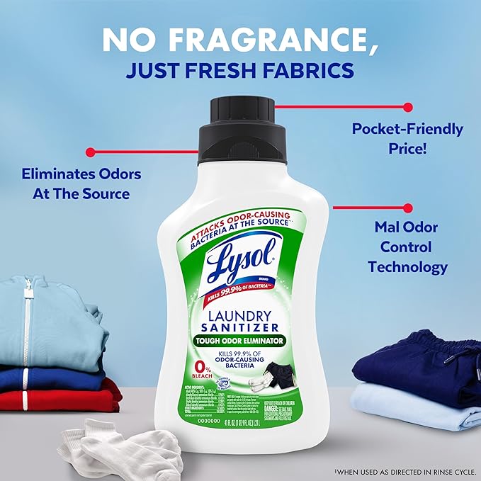 Lysol Tough Odor Eliminator Laundry Sanitizer Additive, Sanitizing Liquid for Gym Clothes and Activewear, 0% Bleach, Eliminates Odor Causing Bacteria, 41oz