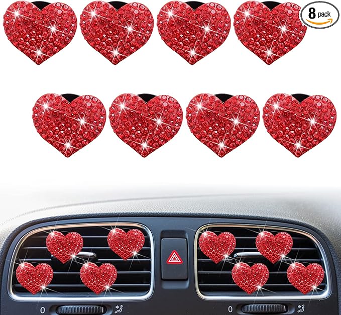 8 Pcs Bling Heart Air Freshener Vent Clips - Crystal Heart Rhinestone Car Decoration, Cute Car Accessories for Women Girls (Red)