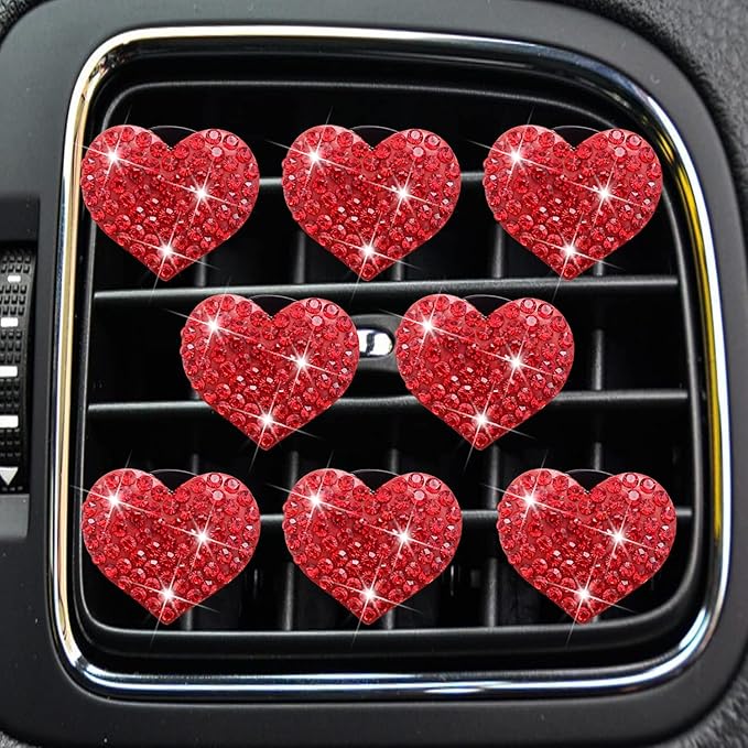 8 Pcs Bling Heart Air Freshener Vent Clips - Crystal Heart Rhinestone Car Decoration, Cute Car Accessories for Women Girls (Red)