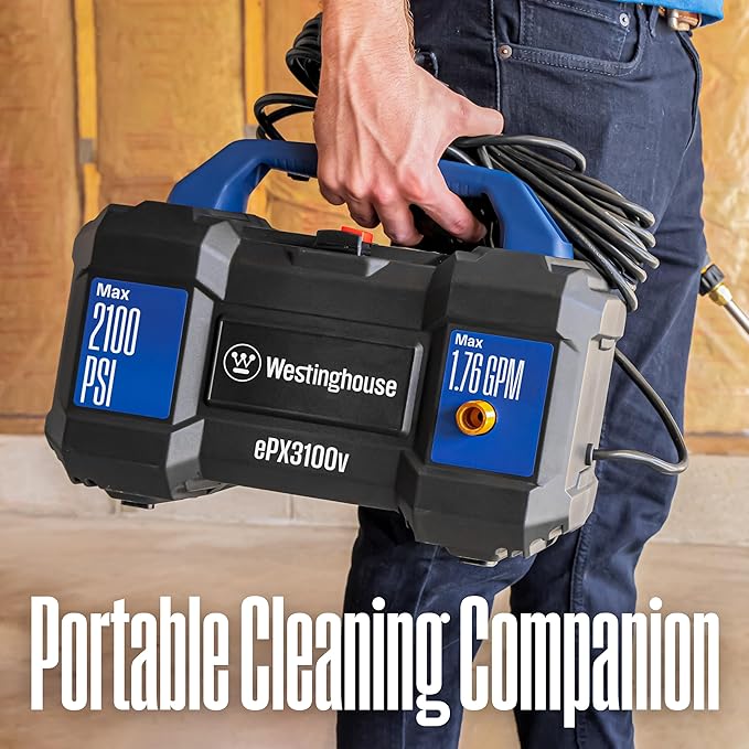 Westinghouse ePX3100v Electric Pressure Washer, 2100 Max PSI 1.76 Max GPM, Built-in Carry Handle, Detachable Foam Cannon, Pro-Style Steel Wand, 3-Nozzle Set, for Cars/Fences/Driveways/Home/Patios