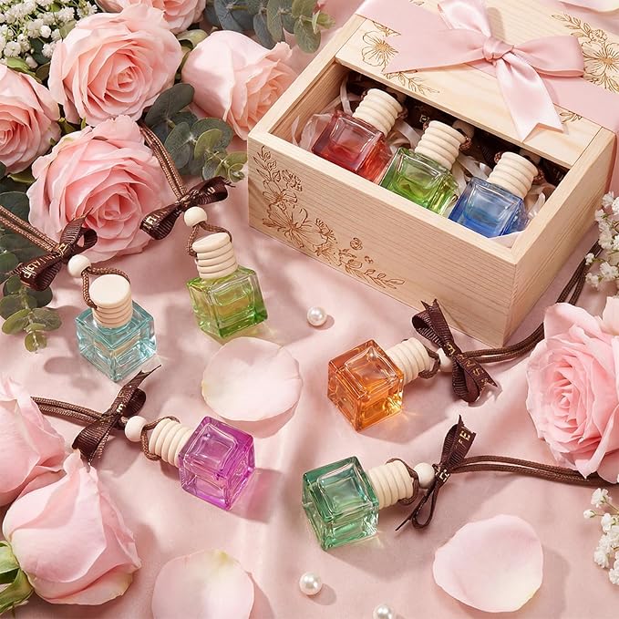 Mudder 50 Pcs Gradient Hanging Car Air Freshener Empty Clear Glass Diffuser Bottles for Essential Oils Perfume Pendant for Women Guests Wedding Favors Employee Appreciation Gifts(Cube,Colorful)