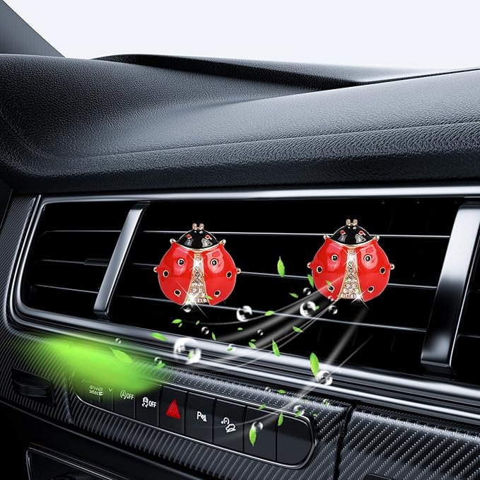 5PCS Ladybug Car Decor, Bling Lady Bug Air Freshener Vent ClipsCar Accessories Decoration for ，Reusable Essential Oil Diffuser, Universal for Most Cars (Red)
